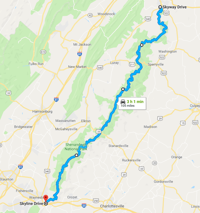 Map of Skyline Drive – Shenandoah National Park – T & J – a World Away